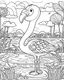 Placeholder: create a 2d black outline, "safari smiling cartoon flamingo coloring book for toddlers", coloring page, low details design, black contour, coloring page design, simple background, colorful , card style, coloring page for kids, white background, sketch style, safari landscape, cartoon style