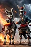 Placeholder: Realistic Donkey pirate and donkey ninja with thunderstorms in the background and fireballs falling from sky