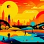 Placeholder: Vector graphics of a maximalistic landscape in Max Ernststyle, figures, strong colors