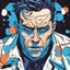 Placeholder: "bright blue" color scheme, the comic style, the scientific theme, a sad man