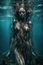 Placeholder: Underwater, closeup siren with creepy eyes, fullbody, his skin translucent revealing a network of black veins that extended like roots, ragged clothes, , 8k,macro photography,