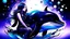 Placeholder: picture of pretty killer whale and girl on space background in violet color