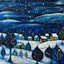 Placeholder: Art brut painting, beautiful snowy Christmas scenery landscape at night under an indigo starry sky, neutral natural colors, mixed media