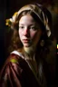 Placeholder: very detailed oil painting of a beautiful portrait of a 30 year old woman, realistic skin texture, realistic skin lighting, flower in her hair, looking into the camera, johannes vermeer style, soft atmospheric light, muted colors