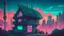Placeholder: small german Cabin, In cyberpunk city-skyline, comic style, realistic coloring