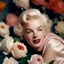 Placeholder: A photograph of childish and fresh marilyn monroe,with white hair, no make up, in the style of Cecil beaton, a white scarf around her shoulders, flowered wallpaper, a rose