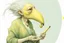 Placeholder: Artist Jean-Baptiste Monge style. A biomorph banana-headed old woman. White eyes. A yellow dotted green furry feathered fluffy dress.