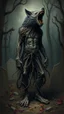 Placeholder: Bosch painting style nightmare, a man with legs looks like tree roots , and head looks like wolf head , in a graveyard , dramatic sad scene, fantasy,