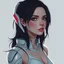 Placeholder: a pretty woman, dark hair, futuristic, contemplative, digital art, stylised
