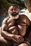 Placeholder: full figure shot photography of a tired strong muscular chubby burly 54 years old ugly arab carpenter, big nose, bullneck, long beard, short hair, shirtless, manly chest, white shorts, bulge, emotive eyes , lying down relaxed belly up, on the beach in the sun, big shoulders, side light, sweat and wet, top view, aerial view