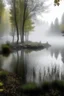Placeholder: Circle pond, soft fog, with light breaking through, tall white birch trees, and a stone path flanking both sides of the pond going up to a gazebo