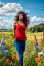 Placeholder: beautiful girl in nice red top and blue pants with curvy hair,perfect face,country side ,wild flowers,blue sky nice clouds,