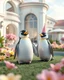 Placeholder: Generate image: Generate image: Generate image: A macro 3D render of a cute, lovely Penguins,made of translucent, glossy,colored jellatin. is landing in yard of a luxury villa next to flowers ,subsurface scattering and gelatinous texture . High-quality CGI, octane render, 8k resolution, whimsical, adorable, clean composition. long shot ,4:3,write in top in 3d "Happy Birthday"
