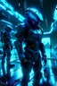 Placeholder: cyberpunk, neon blue, high technology, geometric figures, orbiting figures, cyberpunk suit, black and blue, epic, rain, neon blue suit, geometric figures orbiting around suit, exosuit, male