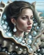 Placeholder: Create a fantastical image of a young beautyful woman in an elaborate dress resembling the interior of a pearl oyster, specifically a Pinctada, with rocks on the seashore in the background. An oil painting in the style of ultrarealism. The collar of the dress, like a hood, encloses the large, open jaw structures of the shell and the deep pearly interior, mimicking this bivalve. The person is also decorated with detailed patterns and textures that give the appearance of an aquatic creature, enhan