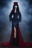 Placeholder: full body portrait - Elvira, Mistress of the dark, black dress - 32k, UHD, 1080p, 8 x 10, glossy professional quality digital photograph - dark blue and dark red, and light maroon and purple and foggy black gradated background, historic, powerful, octane rendering, exquisite detail, 30 - megapixel, 4k, 85 - mm - lens, sharp - focus, intricately - detailed, long exposure time, f8, ISO 100, shutter - speed 1125, diffuse - back - lighting, ((skin details, high detailed skin texture)),