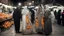 Placeholder: A full-length Palestinian girl wearing an embroidered dress and a white embroidered shawl buys oranges from an old seller wearing a keffiyeh in the market of Jerusalem, 100 years ago, at night with multi-colored lights reflecting on her.