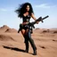 Placeholder: Julie Strain in action, standing on a dusty hill in the badlands - Heavy Metal F.A.K.K.2 her machine-gun in hand