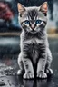 Placeholder: little sad cat, grey, big eyes blue, very wet, crying, so sad, no home, sitting on floor, street, raining, rain storm, raining hard, front view