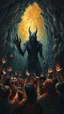 Placeholder: Bosch painting style nightmares, of people are crying and begging with hands up like prying in fear , all picture filled with caves and fires like hell , a big scary mysterious creature standing in the middle , all afraid of him