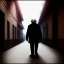 Placeholder: old man walking in a dark street and there is a black cat walking around him, realistic, photo