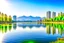 Placeholder: Sunny day, distant modern city, lake, lake reflections, people, mountains