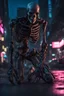 Placeholder: Extreme grandiose and cinematic photo in realistic colors (sparks around) (( cyborg skeleton)) dirty realistic ragged clothes, dynamic pose and expression, in the city ally of neon tales, high lighting, intricate, 8k, macro photography,