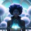 Placeholder: Ultra realistic photo. volumetric lighting , scientist. Young black woman, young, big smile. Joy. smiling. Afro futurism. Afro puffs. Blue hair. Ombré hair Cotton candy. Futuristic cities in background. Space. Space travel. Silver. Cities