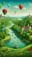 Placeholder: Bosch paint style nightmare, a city with all green trees and river and birds and balloons