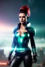 Placeholder: Futuristic warrior, waist up portrait, physically fit, latex and leather attire, green hair, blue eyes, intricate eyeliner, vibrant eyeshadow, clear completion, soft lighting, 4k resolution, intricate details, insanely detailed, colorful cityscape background, masterpiece, expert, cinematic smooth, retroanime style, realistic details, no helmet