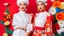 Placeholder: plain blank Two young women with elaborate, colorful costumes and makeup, posing in front of a red, floral background white mockup object