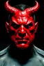 Placeholder: The devil's face is tight and red, and his cheeks are very prominent.