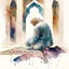 Placeholder: A man prostrating in islamic prayer, wearing shalwar qameez, background of islamic pattern, watercolour painting