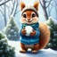 Placeholder: art by cheryl griesbach,carne griffith,anna Dittmann,digital painting, alcohol and ink, disney pixar style, full lenght body seen up to the boots at the feet, a very sweetest little very happy smiling young squirrel with big sparkling eyes, wearing bright vivid blue white winter jacket, scarf,wool hat,is holding a snowball, park, fir trees, bushes,3d,heartwarming atmosphere