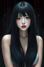 Placeholder: Beautiful Japanese woman, very long black hair, very serious, funny, red lips, black eyes, nice body, big bubs, with dark and gloomy technological background, high image quality, good understanding of artificial intelligence to create the image.