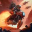 Placeholder: Motorbiker jump in lava planet with magma gun, wasteland dieselpunk style.