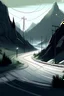 Placeholder: Give me a render sketch of a mountain climbing route with signposts and electric light poles on both sides of the road