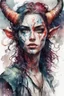 Placeholder: highly detailed, watercolor concept illustration of a female Tiefling rogue wander character , maximalist, sharp focus, highest resolution, in the styles of Agnes Cecile, and Alex Pardee, 8k, coarse, gritty textures