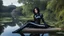 Placeholder: Fantasy Photo Of A Woman With Black Hair, Wearing A robot-looking catsuit, Sitting sideways On A Ledge next to a Pond, With A Planet Behind Her Head