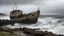 Placeholder: A picture of an abandoned ship standing on the coast of a deserted island on a cloudy day with rough waves. 1280x720
