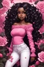 Placeholder: Create an futurism art image of a chibi thick curvy black female wearing tight white jeans and rose pink off the shoulder sweater.. Prominent make up with brown eyes. Highly detailed wild long curly black hair flowing in her face. Background of rose pink and black DAHLIA flowers all around.