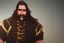 Placeholder: Other worldly boisterous long haired bearded tall middle-aged man wearing many gold rings and rugged long fur trimmed merchant's coat, full body, dark background, synamic lighting