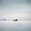 Placeholder: A captivating hyper minimalist photograph of a barren snow-covered lake, in the far distance is an ice fishing hut on the ice. The overall color palette is muted, the flat treeless landscape stretches out in a long shot, creating a sense of isolation and desolation