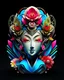 Placeholder: logo design, complex, trippy, bunchy, 3d lighting, 3d, beautiful geisha , realistic head, colorful, floral, flowers, cut out, modern, symmetrical, center, abstract