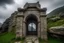 Placeholder: High resolution image of a stone monastery entrance shaped like rectangle located on mountain straiht cliffside on a overcast day