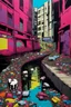 Placeholder: painting of a cyberpunk colourful natural walkway rubbish on the street in the city with pollution and a small bridge by a creek with electric sheep and androids by andy warhol