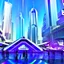 Placeholder: A group of people gather in a futuristic plaza, surrounded by towering skyscrapers and holographic advertisements. The plaza is filled with blue and purple light, and flying vehicles can be seen in the background. Digital art