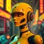 Placeholder: a feminine android robot, yellow, dystopia, cyberpunk, neon, obsolete