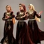 Placeholder: women in elegant, long, flowing dresses (possibly Azeri don or similar styled), made from rich fabrics like velvet or silk, adorned with intricate gold or silver embroidery, particularly on the bodice and sleeves. They wear delicate, often colorful headscarves (kelaghayi) covering their hair, and traditional Azerbaijani jewelry (layered necklaces, large earrings, intricate silver belts with coin motifs). Their movements are graceful, fluid, and expressive, with elegant arm gestures and gentle, s