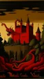 Placeholder: A dark red castle with a fiery dragon painted by Henri Rousseau